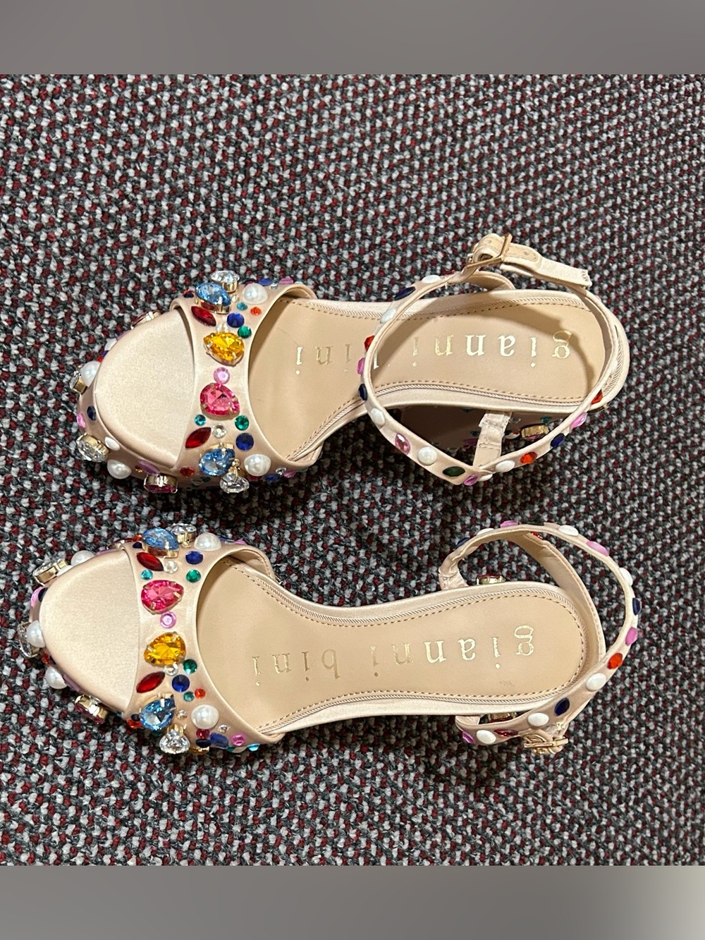 Gianni Bini Nude Platform Heels with Multicolored Gems - Picture 2 of 7